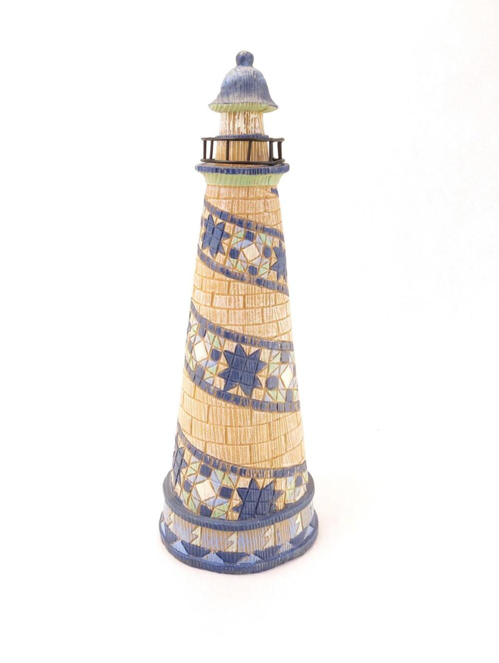 Vintage Faux Wood Lighthouse with Blue Quilt Design 10"